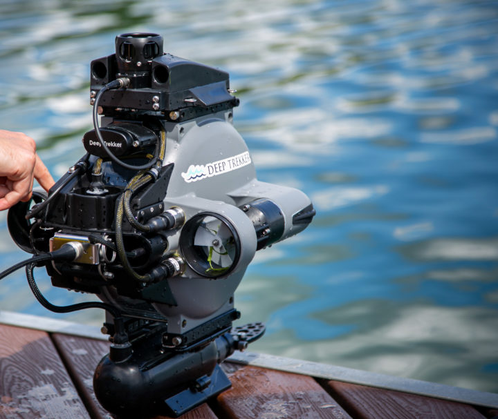 Close up of the back of the DTG3 Navigator with Seatrac USBL and the vertically mounted precision thruster.