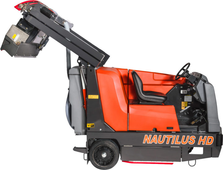 PowerBoss Nautilus HD Scrubber with hopper raised for dumping