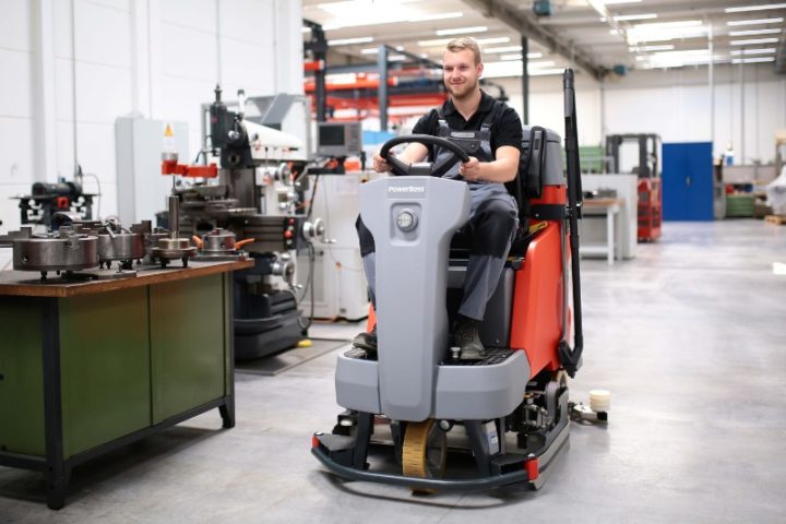 PowerBoss Scrubmaster B120 cleaning a factory floor