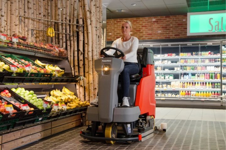 PowerBoss Scrubmaster B120 cleaning a grocery store floor