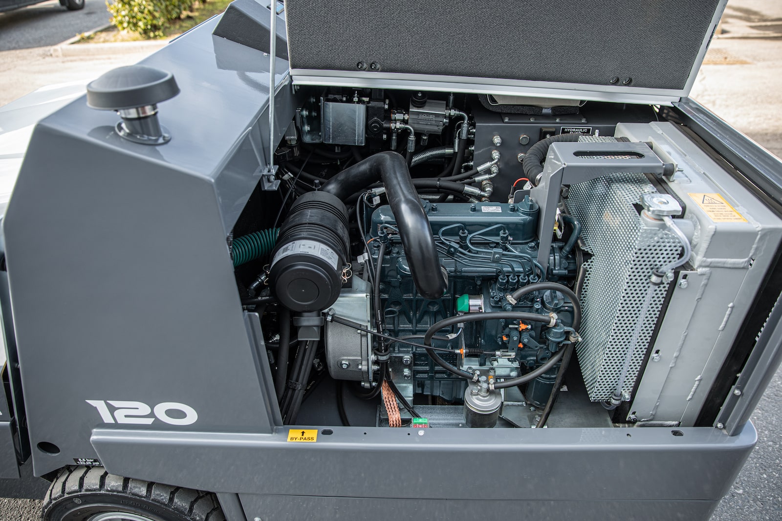 Easy access to the internal components / engine of a Dulevo 120 sweeper.
